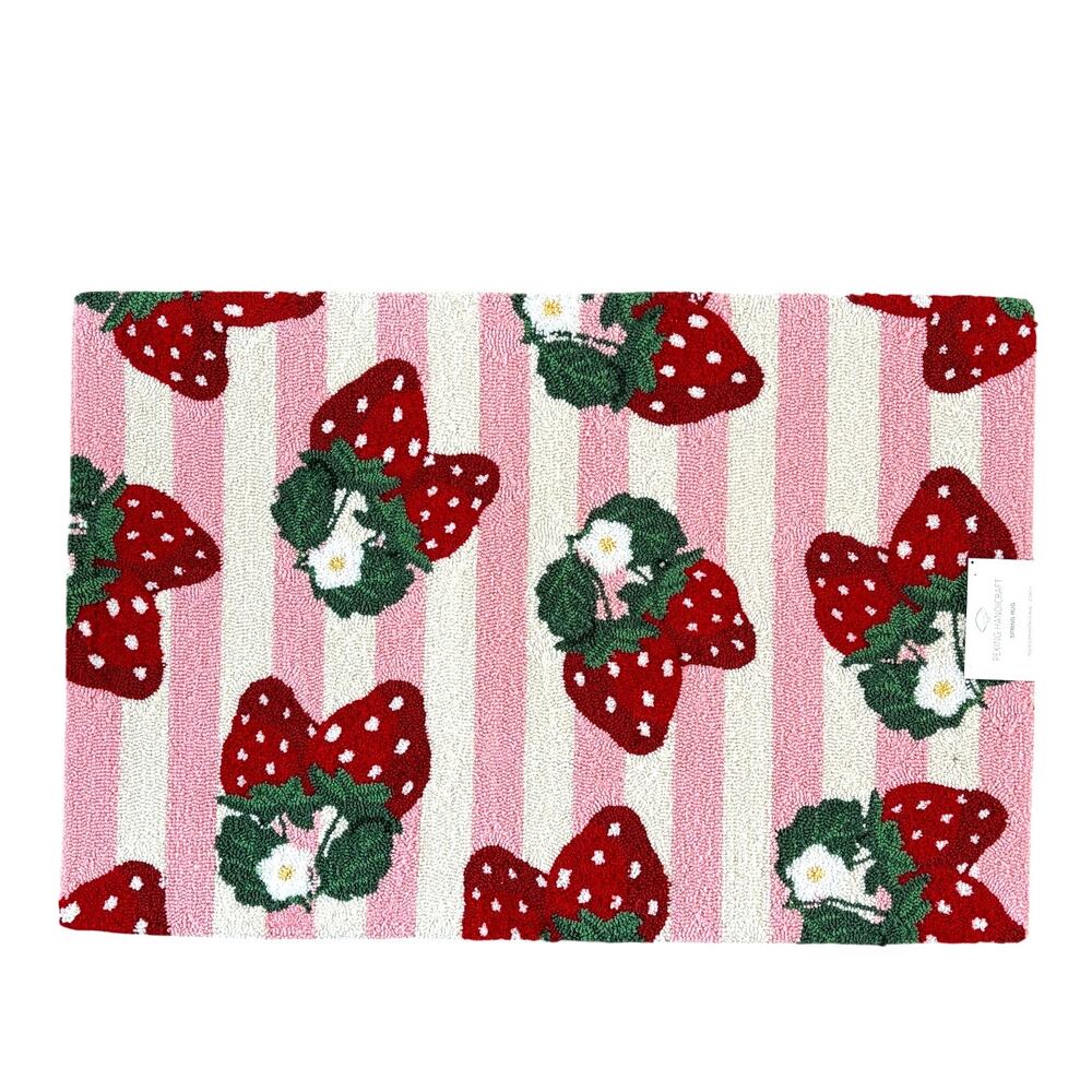 Pink & White Striped Strawberry Hooked Rug 27x40 by Peking Handicraft NEW
